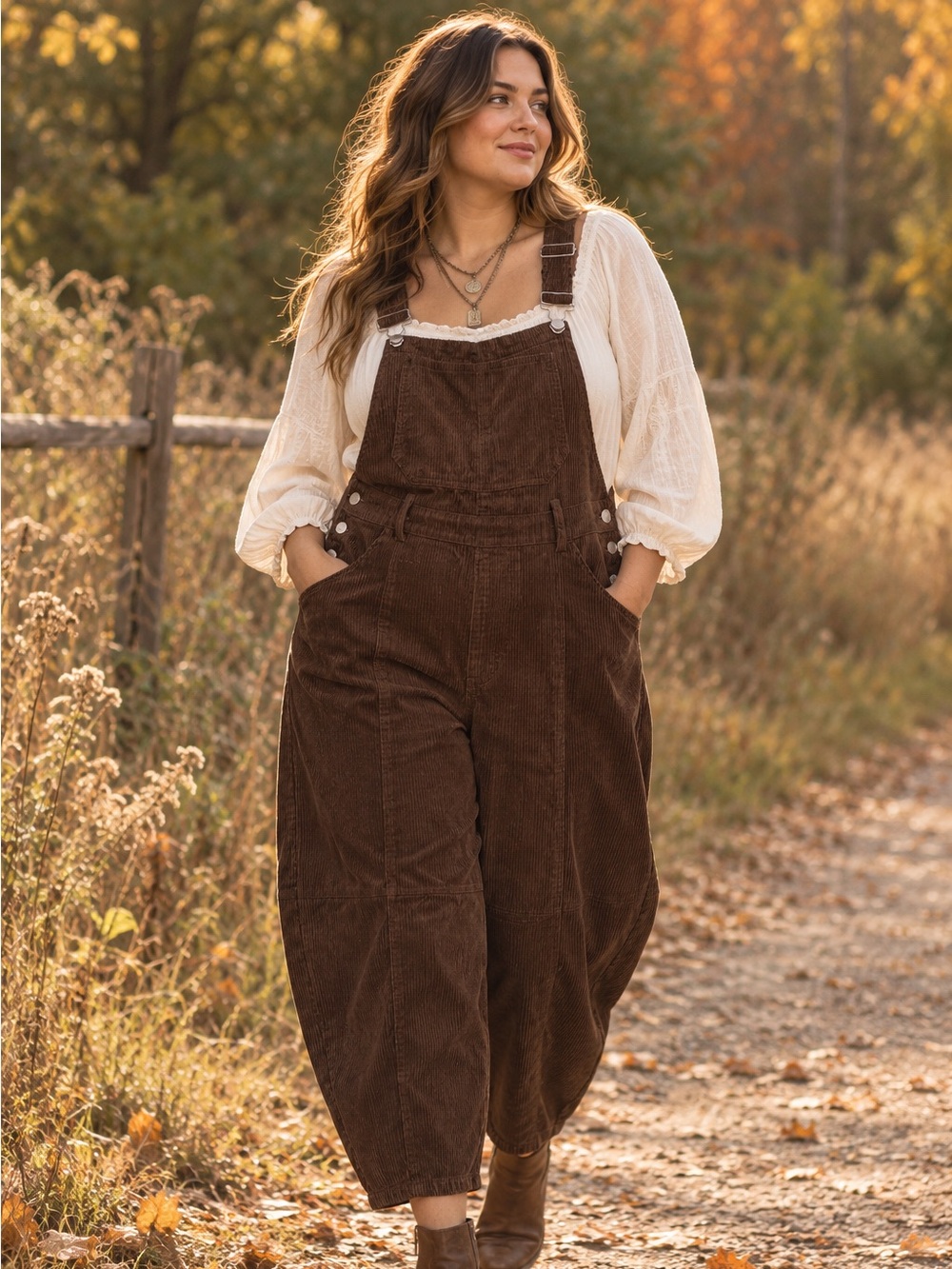 Boho Brown Corduroy Barrel Leg Overalls XL